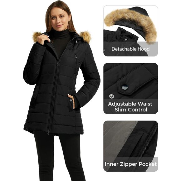 Women's Warm Winter Coat Heavy Puffer Jacket Parka with Fur Trimmed Hood - Picture 6 of 6